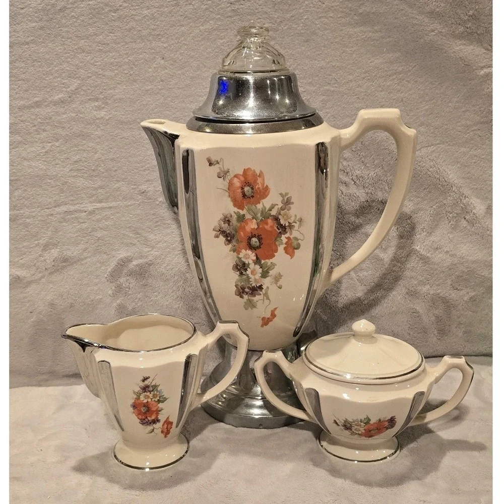 Vintage Anchor-Ware Floral Poppy Ceramic Coffee Percolator Sugar Creamer Set